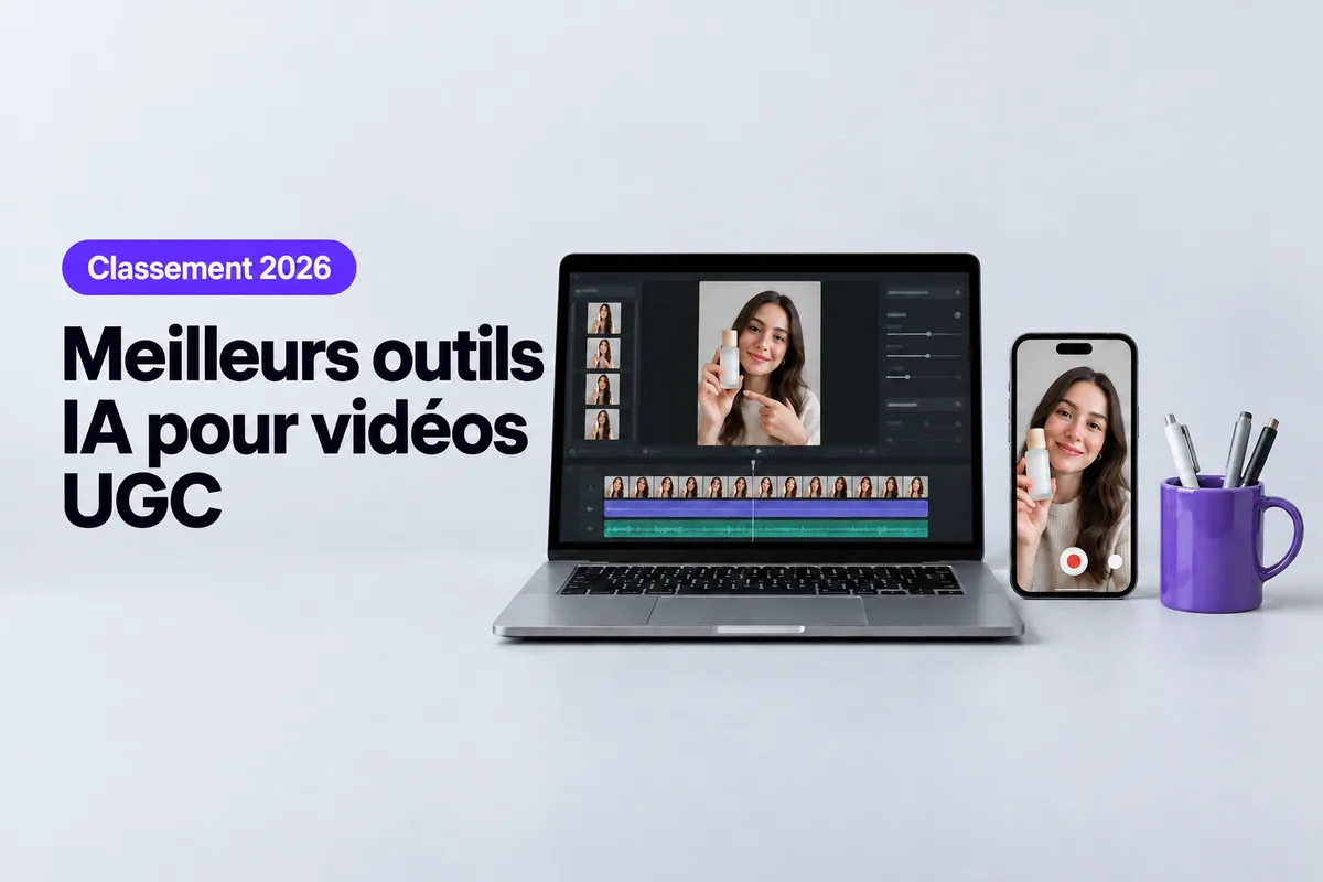 Un ordinateur portable argenté ouvert affichant une timeline de montage vidéo, un smartphone montrant une vidéo d'avis produit filmée en mode selfie et une tasse violette avec des stylos, sur un fond de studio gris clair