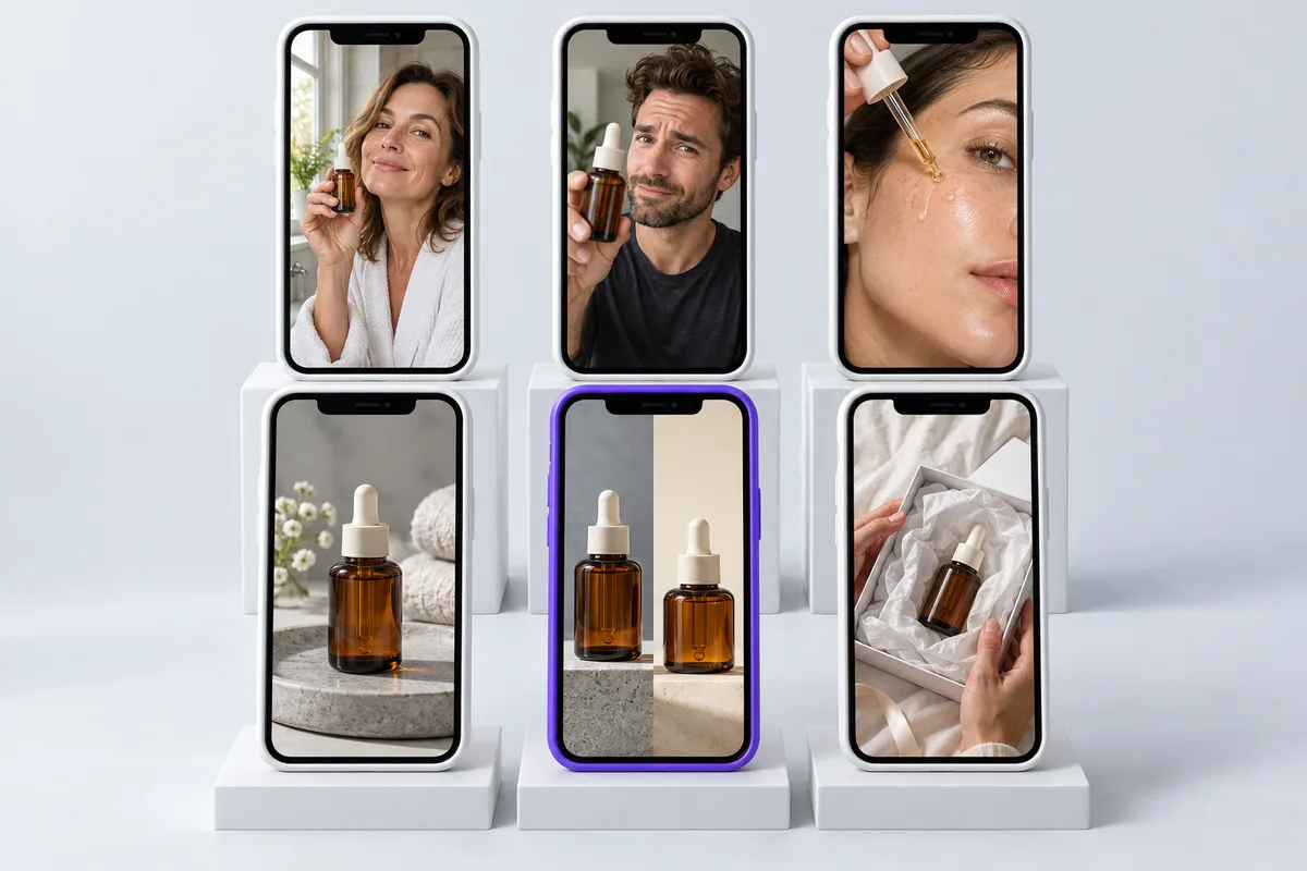 Six phones in two rows, each showing a different ad for the same amber serum bottle: a woman's selfie video, a man holding the bottle, a hand applying drops, a product still life, a side-by-side comparison and an unboxing